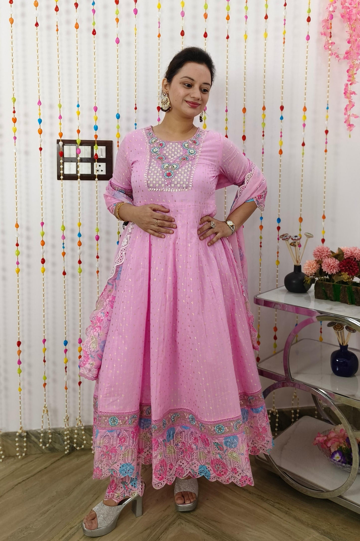 Full Flared Anarkali Embroidered Suit Set With Multi Work Scalping Organza Duppatta in Pink