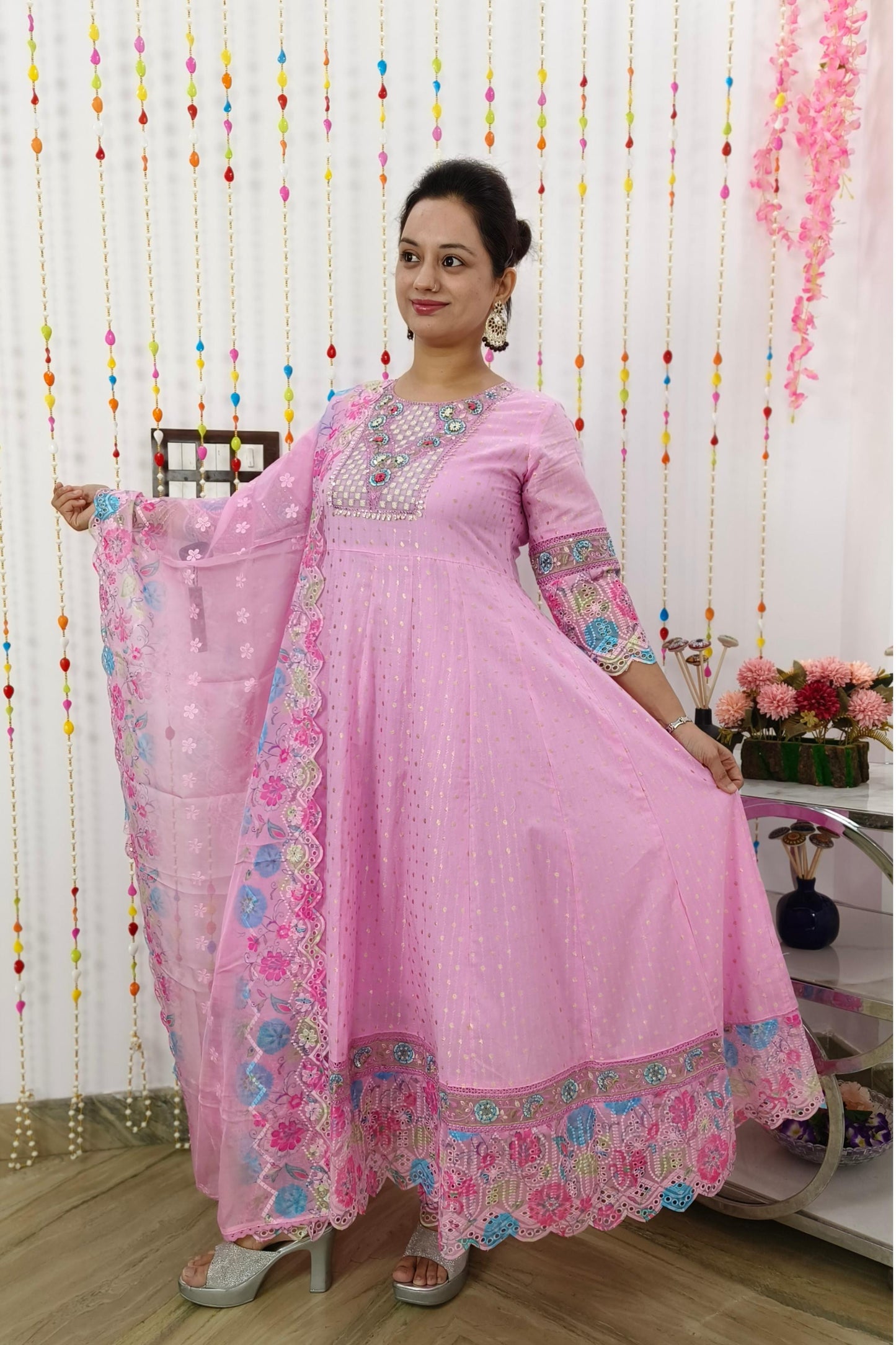 Full Flared Anarkali Embroidered Suit Set With Multi Work Scalping Organza Duppatta in Pink