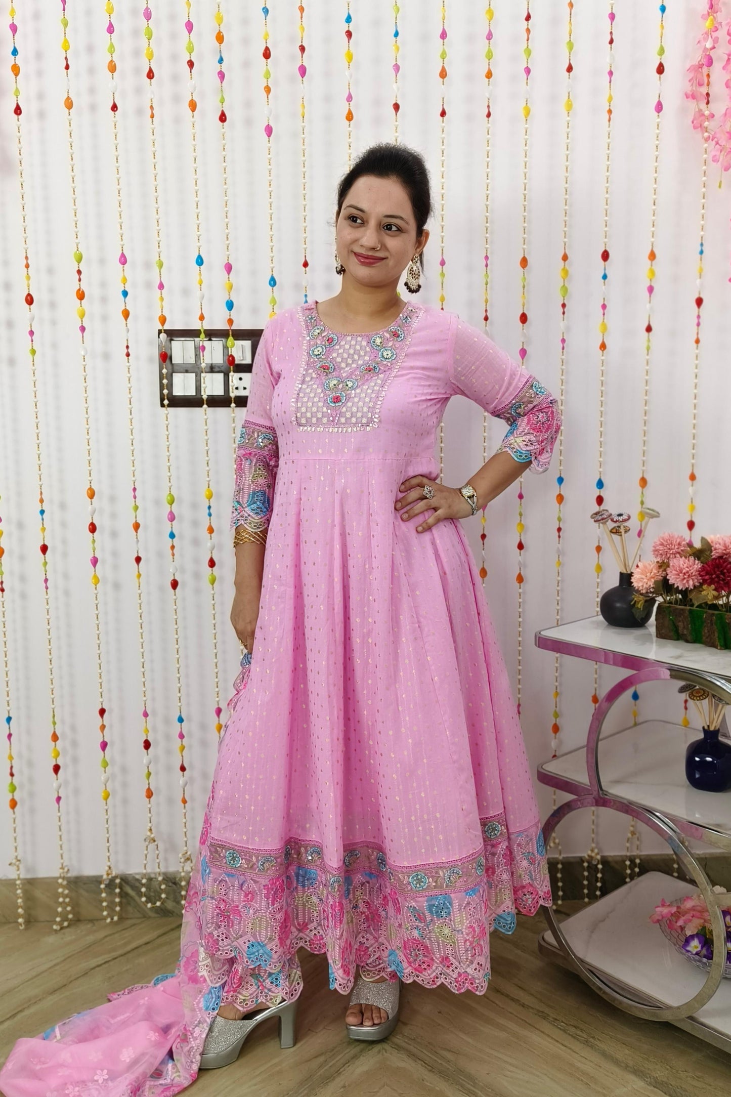 Full Flared Anarkali Embroidered Suit Set With Multi Work Scalping Organza Duppatta in Pink