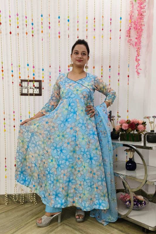 Full Flared Organza Anarkali Embroidered Suit Set WIth Beautiful Organza Duppatta in SkyBlue