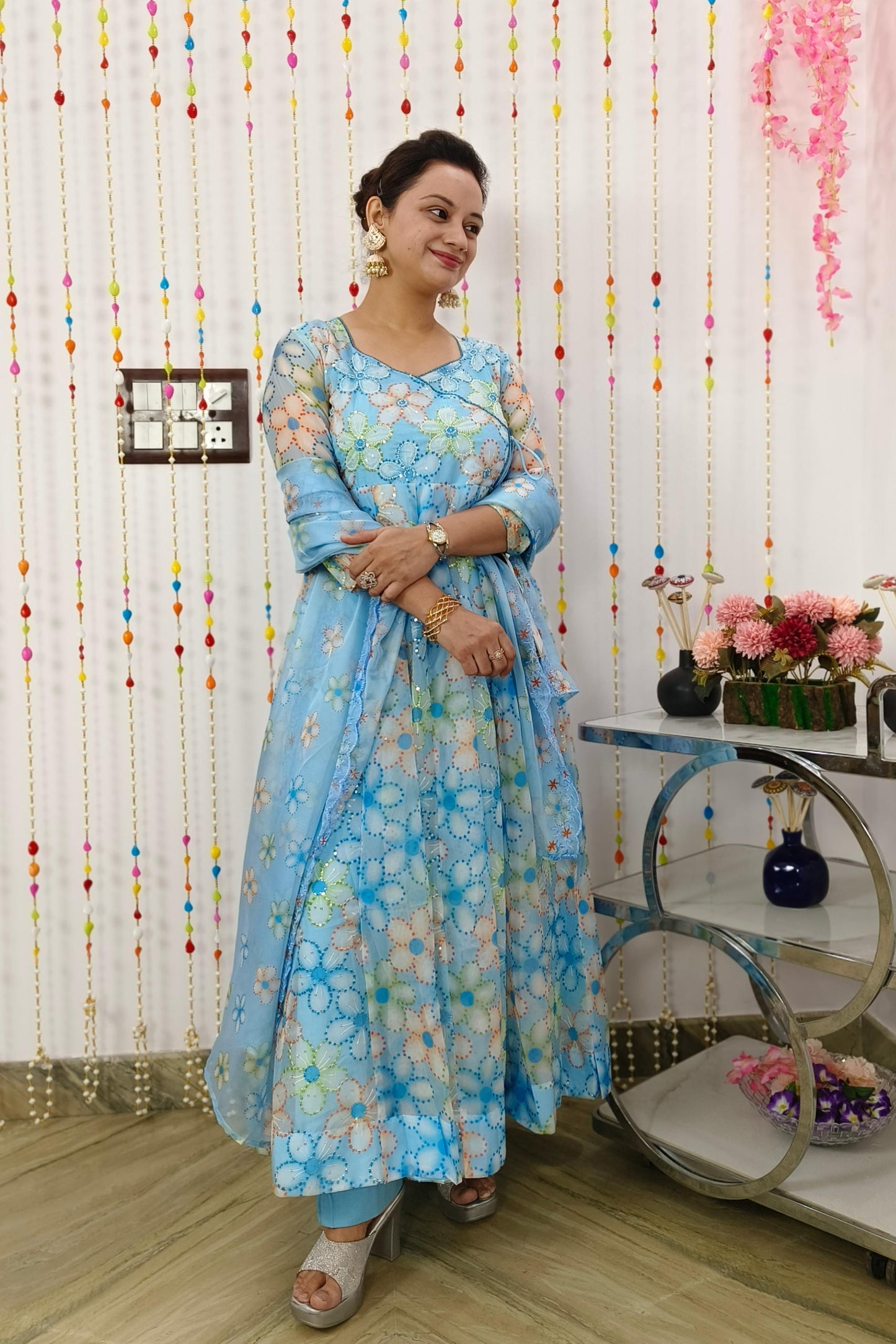 Full Flared Organza Anarkali Embroidered Suit Set WIth Beautiful Organza Duppatta in SkyBlue