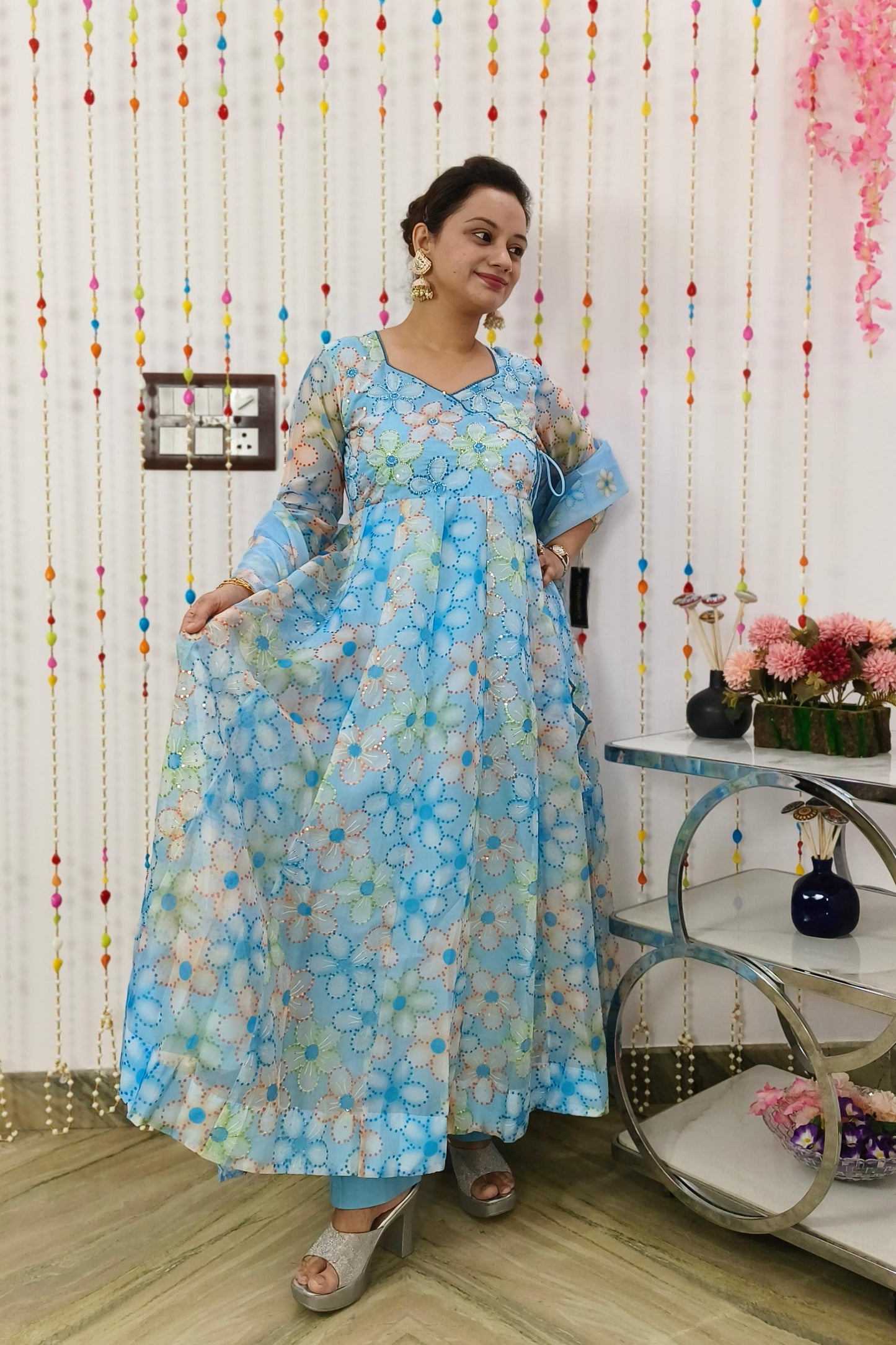 Full Flared Organza Anarkali Embroidered Suit Set WIth Beautiful Organza Duppatta in SkyBlue