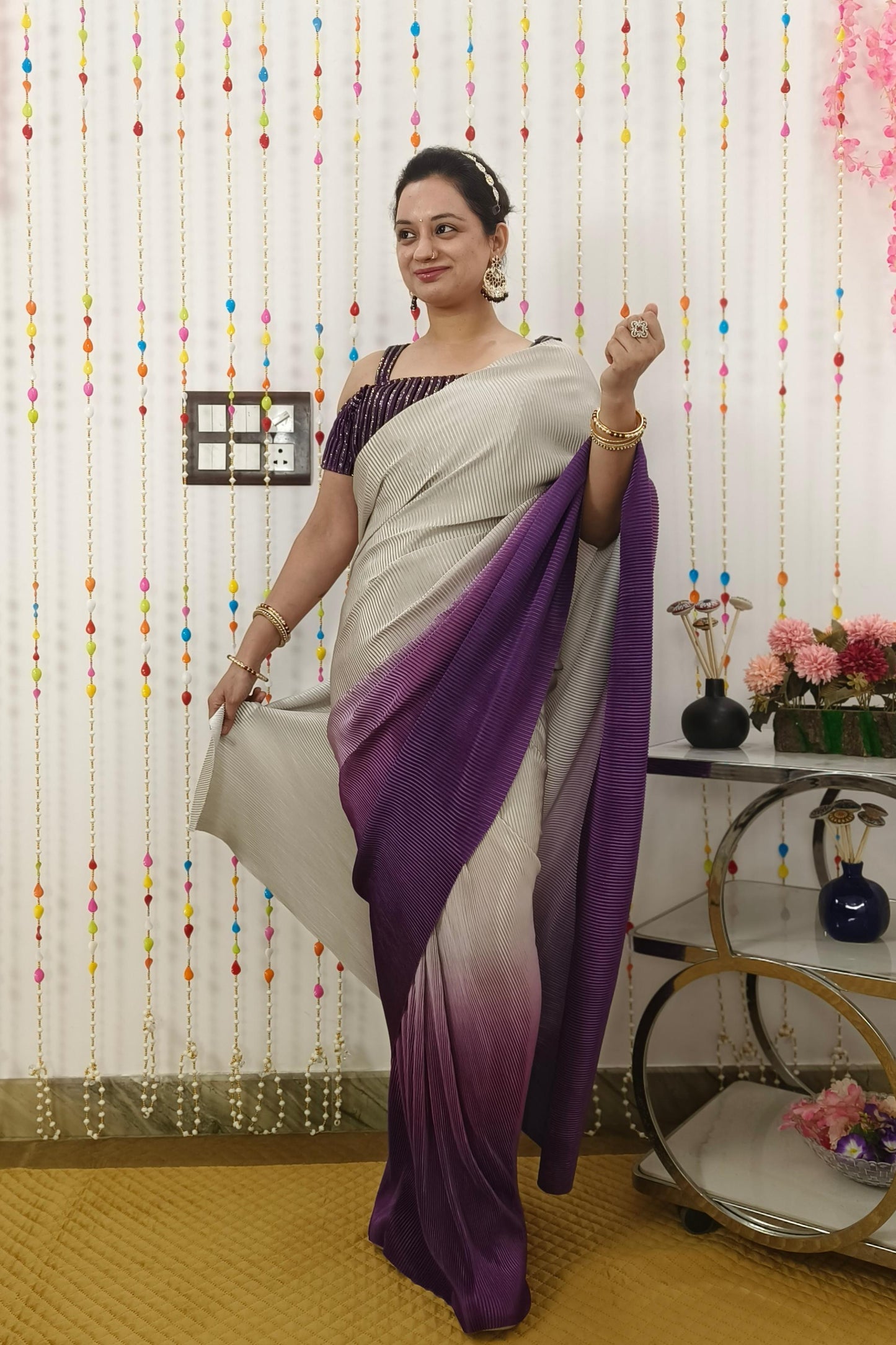 Off Shoulder Readymade Drape Saree In Crinkled Fabric With Ombre Wine Shade