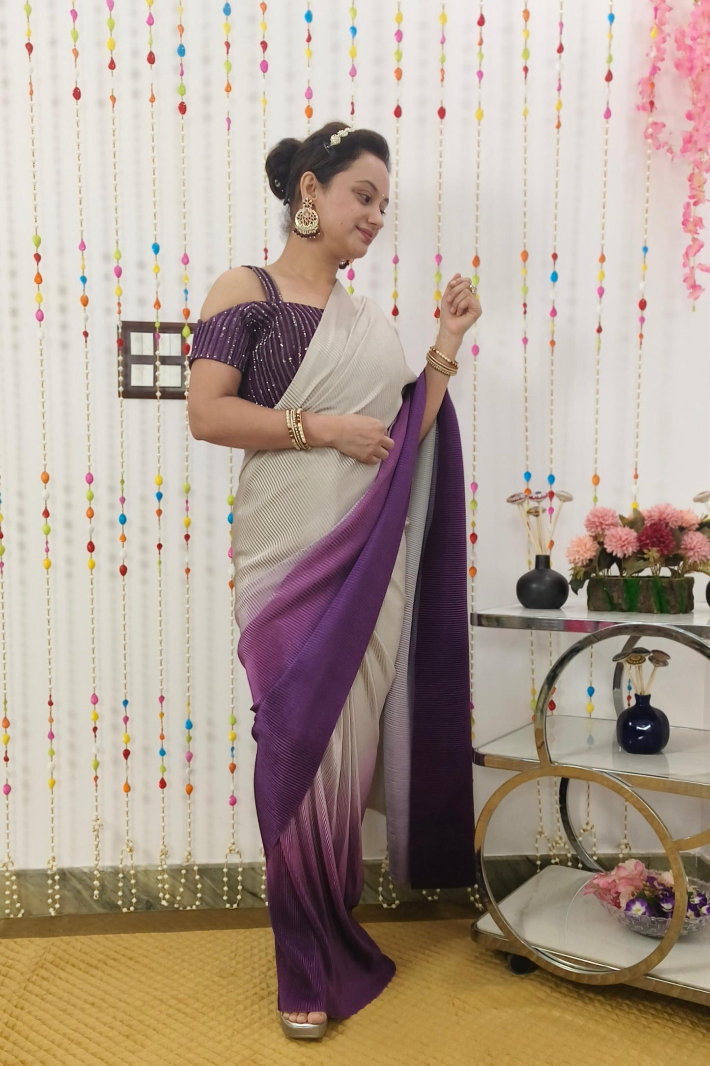 Off Shoulder Readymade Drape Saree In Crinkled Fabric With Ombre Wine Shade