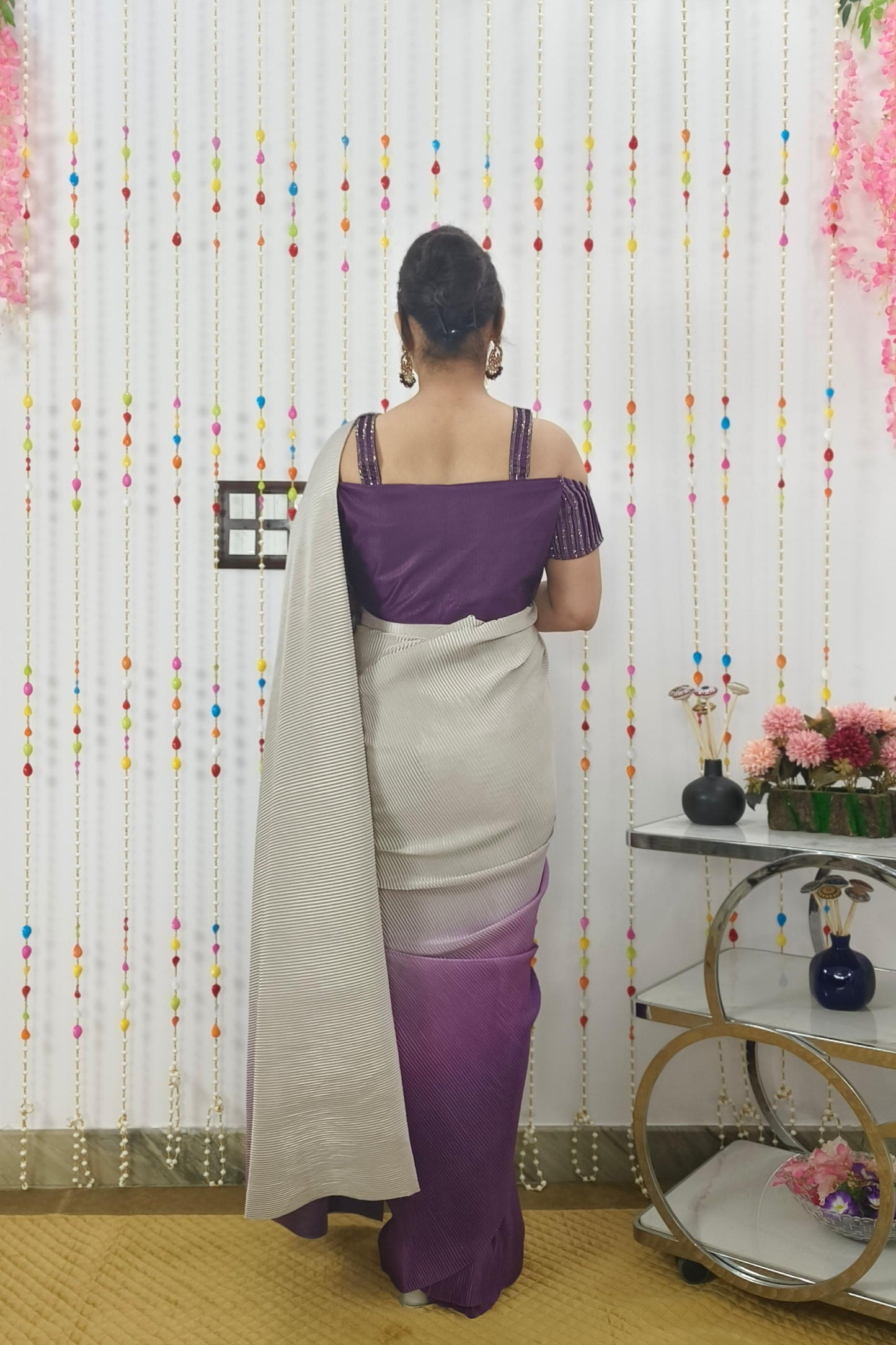 Off Shoulder Readymade Drape Saree In Crinkled Fabric With Ombre Wine Shade