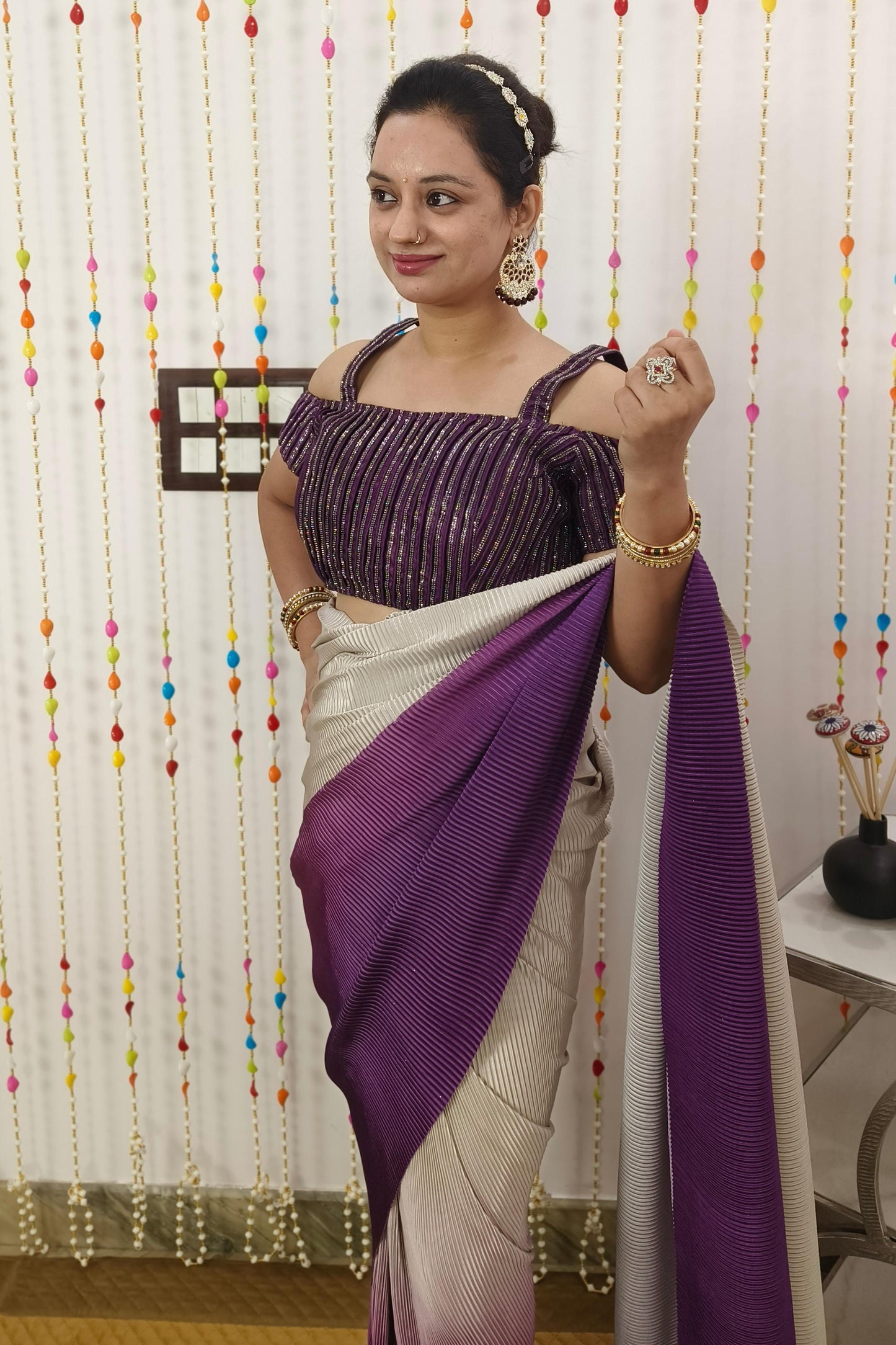 Off Shoulder Readymade Drape Saree In Crinkled Fabric With Ombre Wine Shade