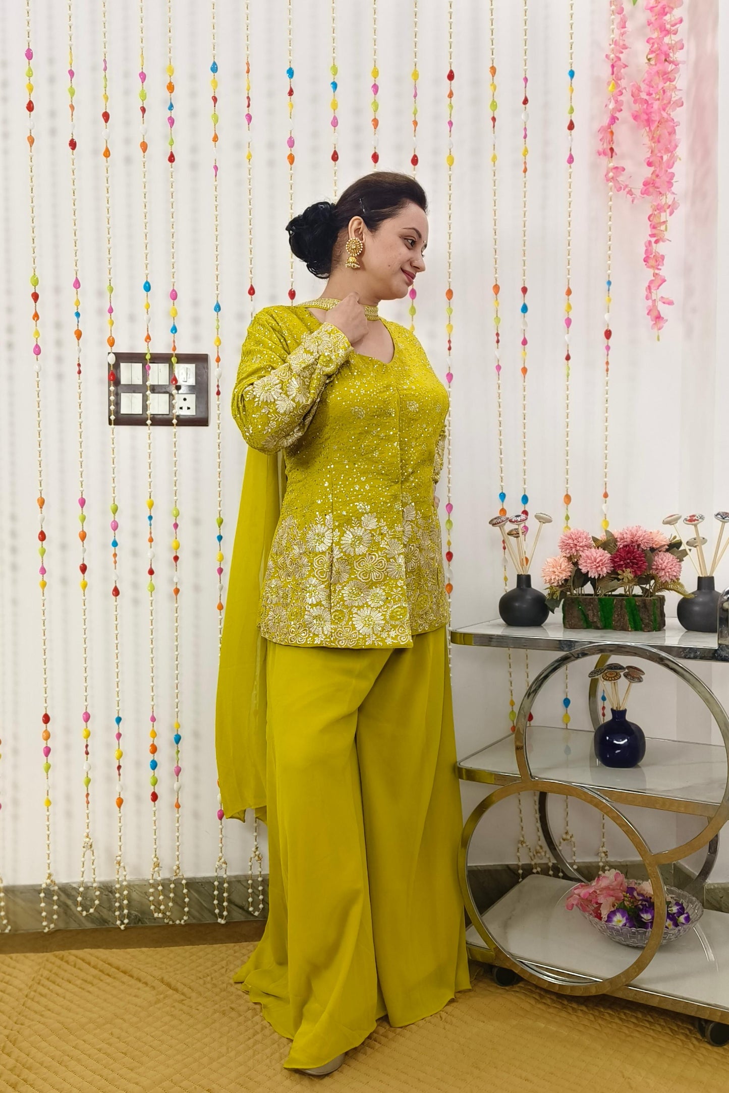 Georgette Partwear Sequence Work Embroidered Cord Set In neon yellow