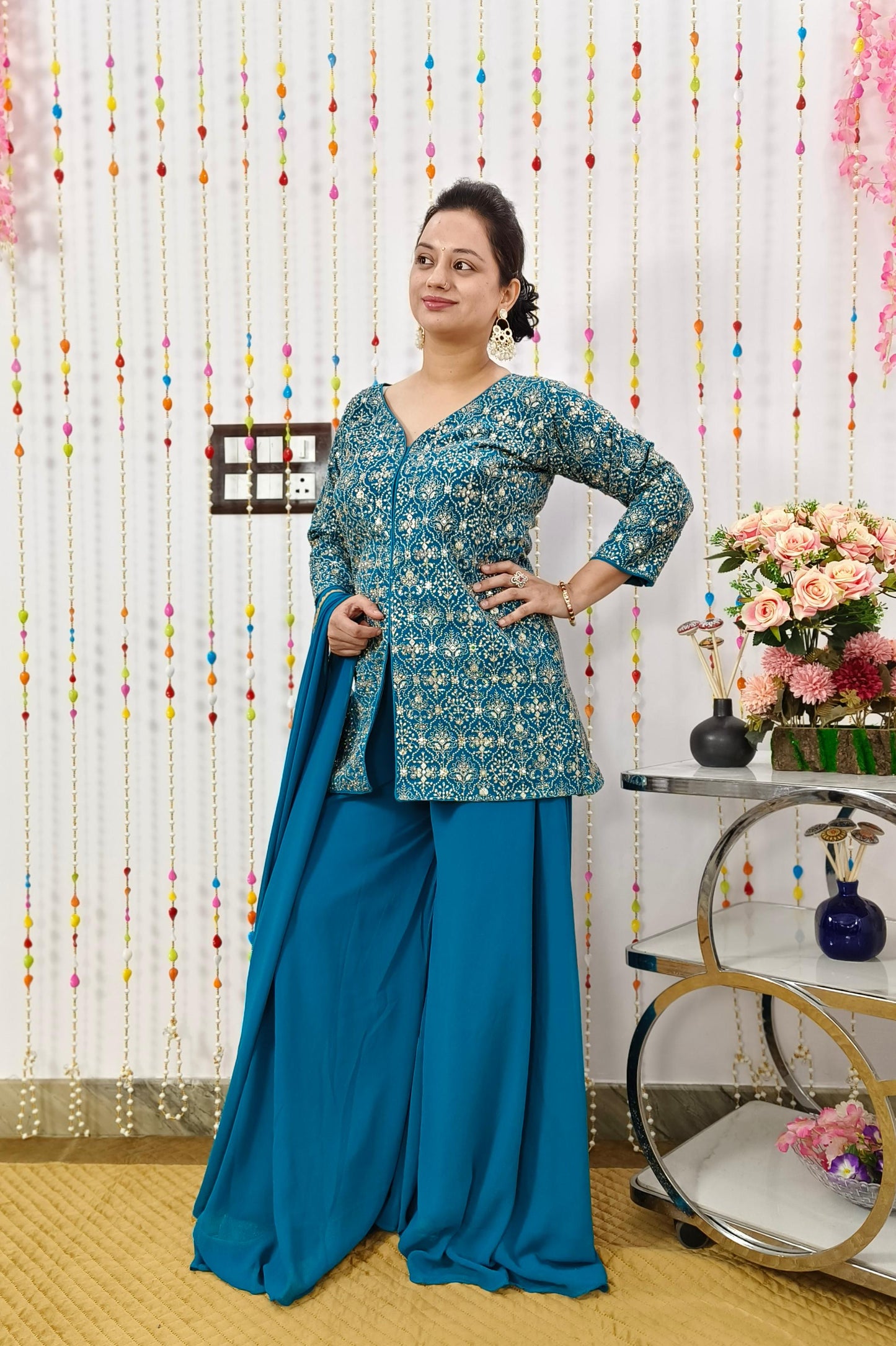 Short Partywear Cordset With Zari Embroidery Work All Over On Georgette