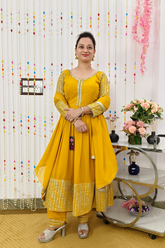 Long Anarkali Embroidered Suit With Bottom Pants in Georgette In Mustard yellow