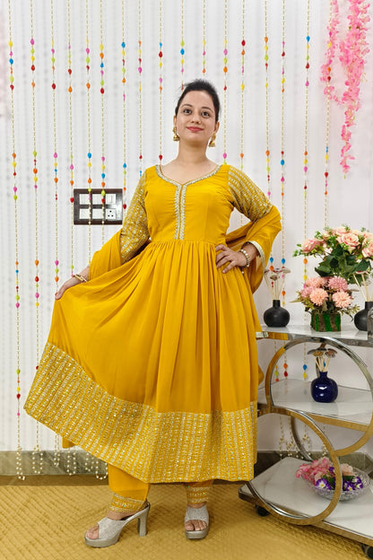 Long Anarkali Embroidered Suit With Bottom Pants in Georgette In Mustard yellow