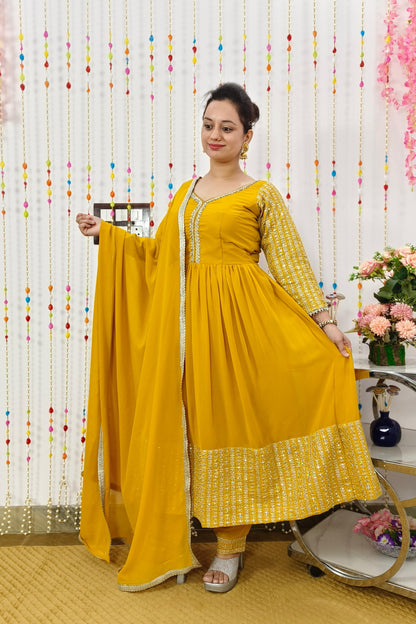 Long Anarkali Embroidered Suit With Bottom Pants in Georgette In Mustard yellow