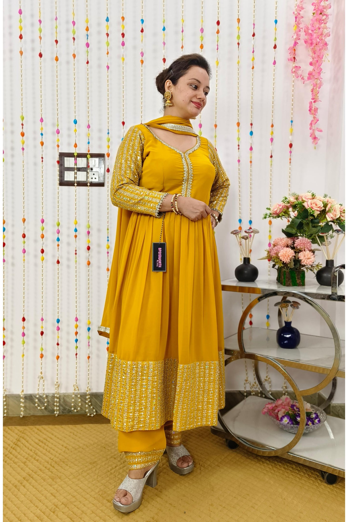 Long Anarkali Embroidered Suit With Bottom Pants in Georgette In Mustard yellow