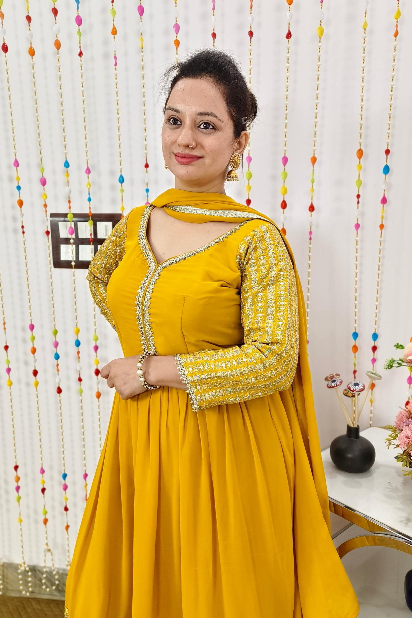 Long Anarkali Embroidered Suit With Bottom Pants in Georgette In Mustard yellow