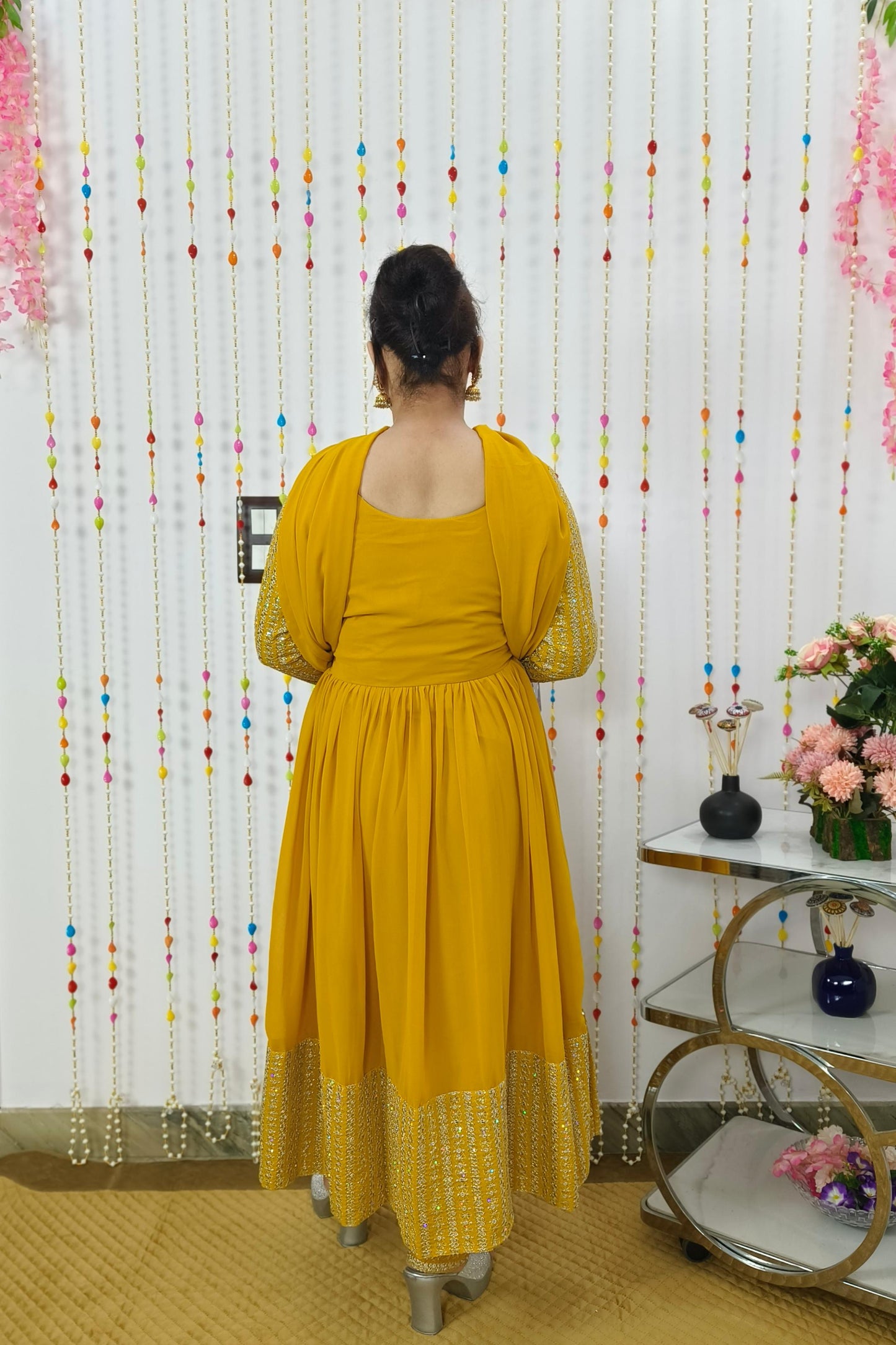 Long Anarkali Embroidered Suit With Bottom Pants in Georgette In Mustard yellow