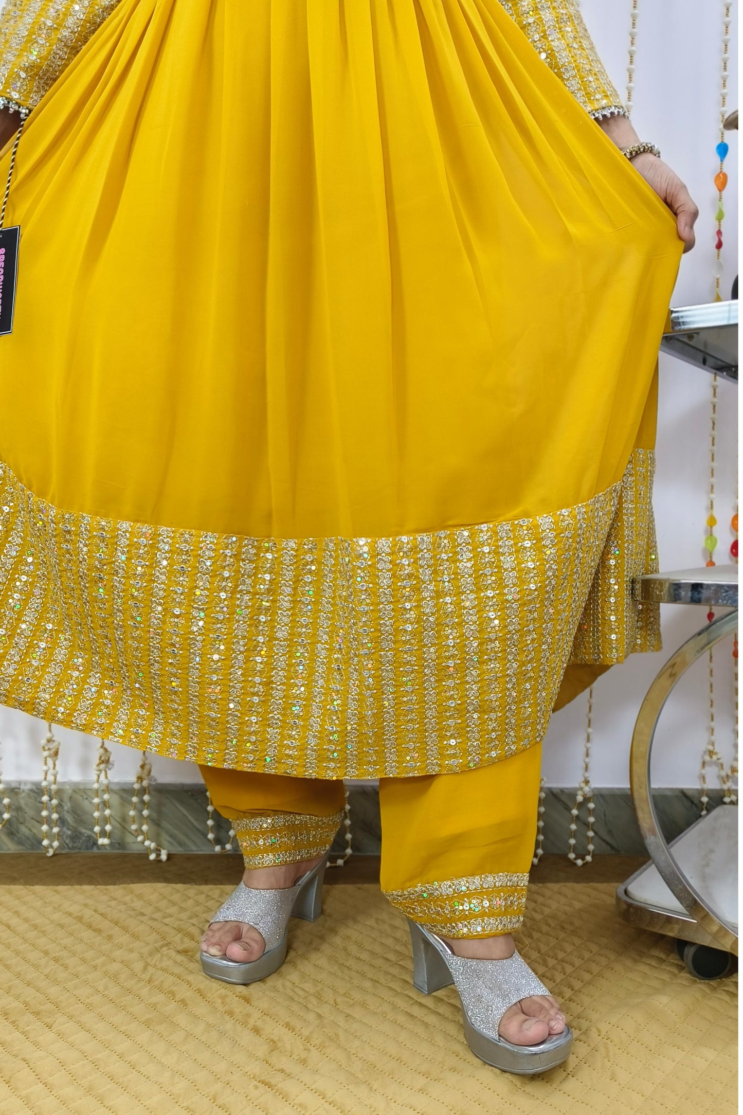 Long Anarkali Embroidered Suit With Bottom Pants in Georgette In Mustard yellow