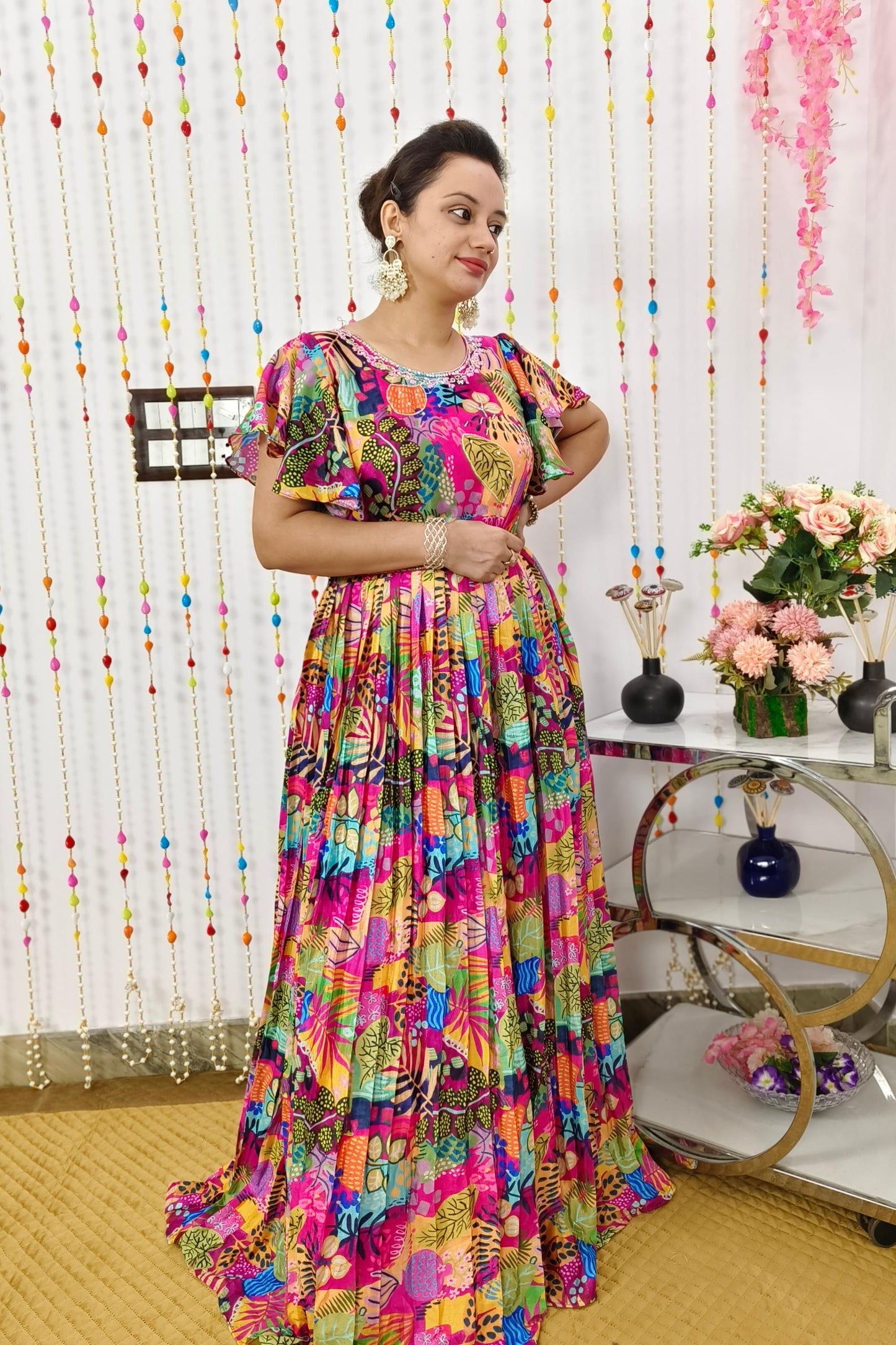 Ruffle Sleeves Floral Printed One Piece Middi Dress With Waist Belt Design In Chiffon