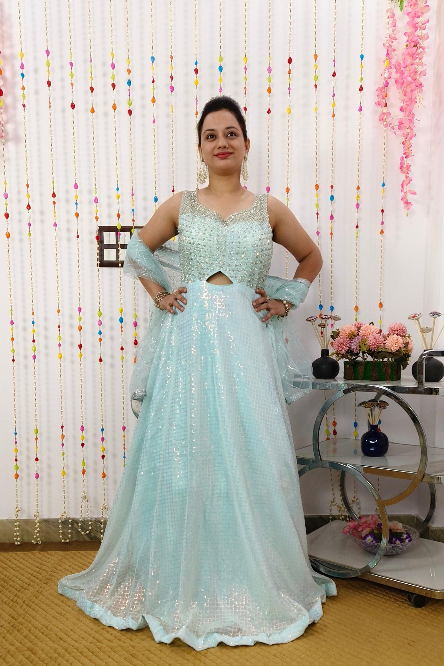 Sequence Work Stylish Anarkali Dress With Embellished Hand Work Yoke In Sky Blue