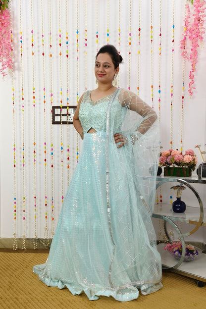 Sequence Work Stylish Anarkali Dress With Embellished Hand Work Yoke In Sky Blue