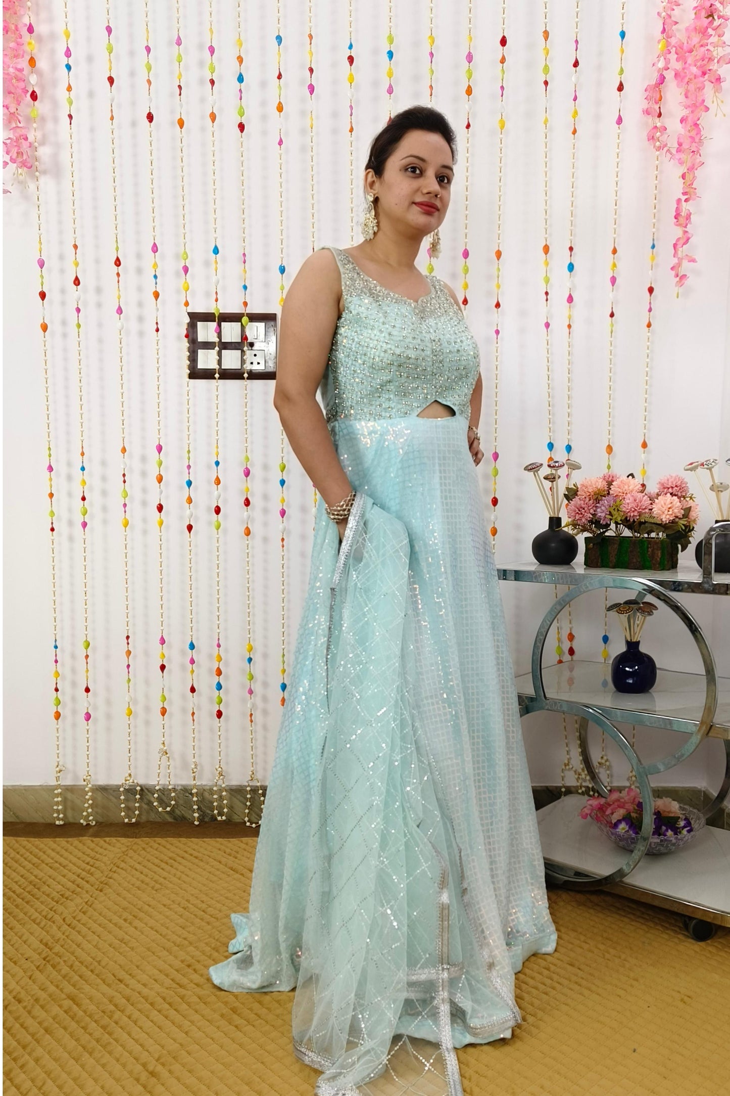 Sequence Work Stylish Anarkali Dress With Embellished Hand Work Yoke In Sky Blue