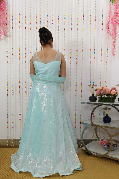 Sequence Work Stylish Anarkali Dress With Embellished Hand Work Yoke In Sky Blue