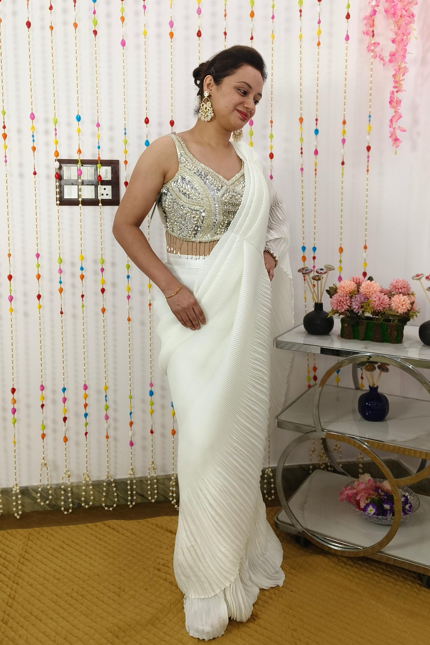 Hand Work Blouse Ready To Wear Saree In Crinkled Georgette Fabric in White