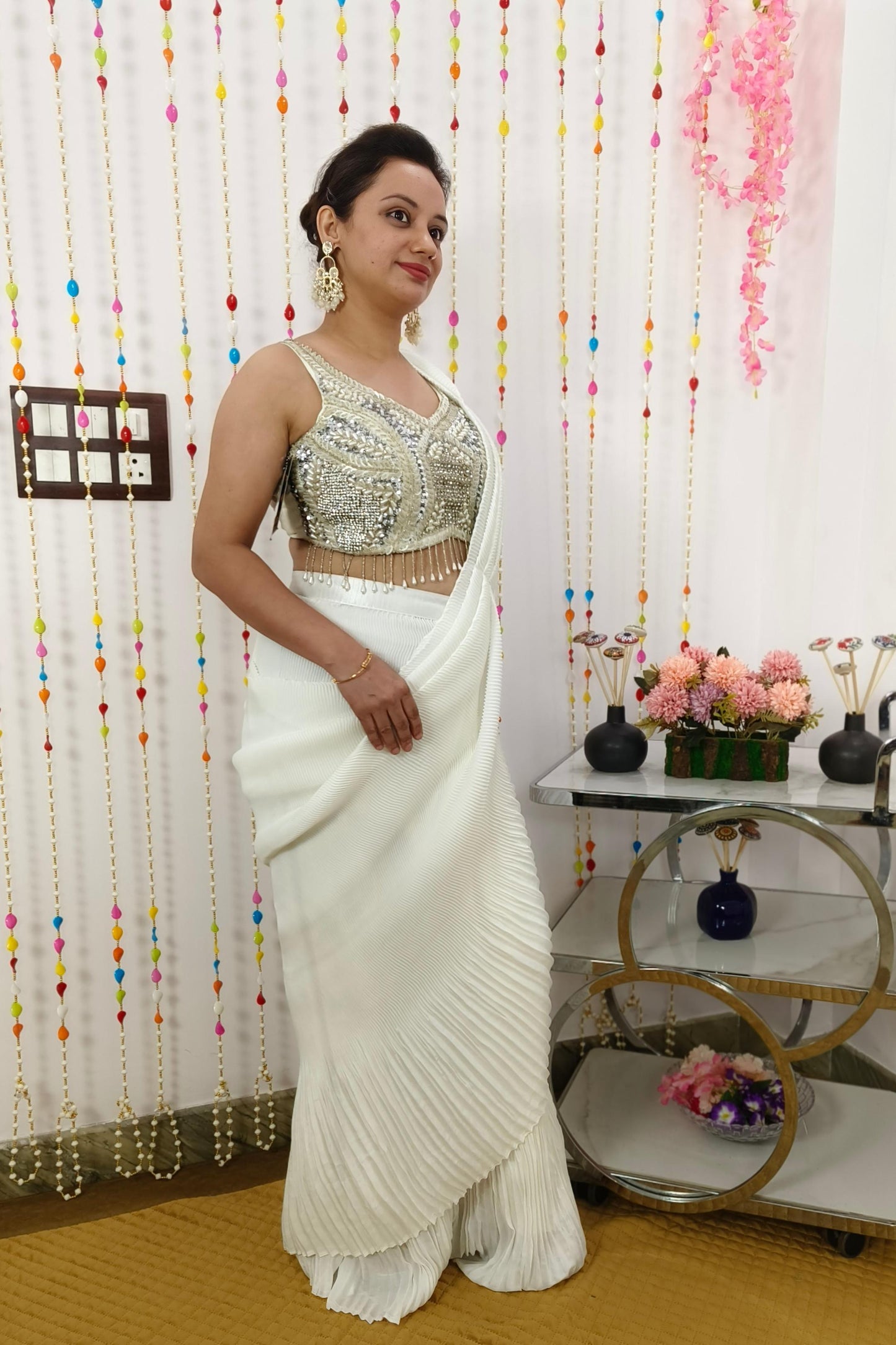 Hand Work Blouse Ready To Wear Saree In Crinkled Georgette Fabric in White