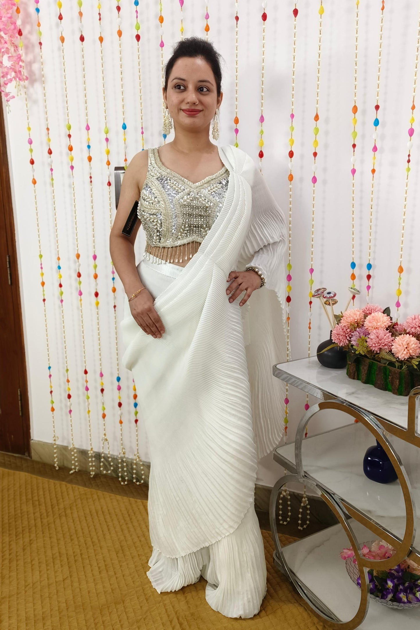 Hand Work Blouse Ready To Wear Saree In Crinkled Georgette Fabric in White