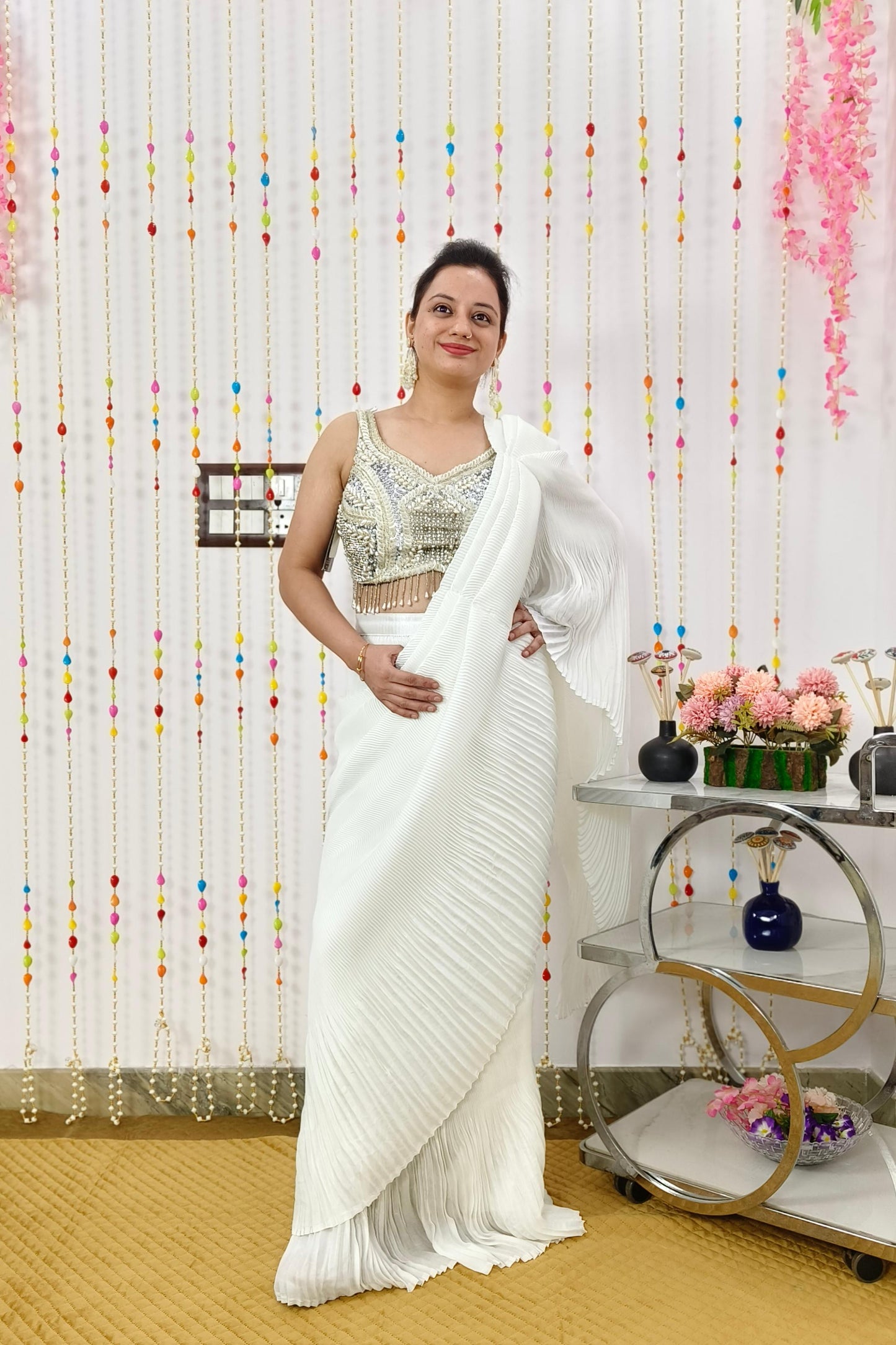 Hand Work Blouse Ready To Wear Saree In Crinkled Georgette Fabric in White