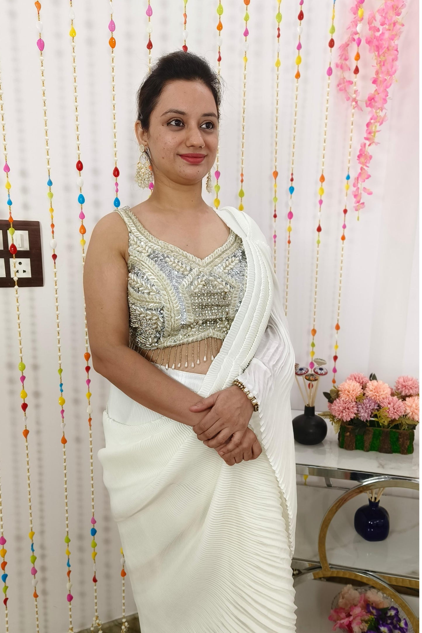 Hand Work Blouse Ready To Wear Saree In Crinkled Georgette Fabric in White