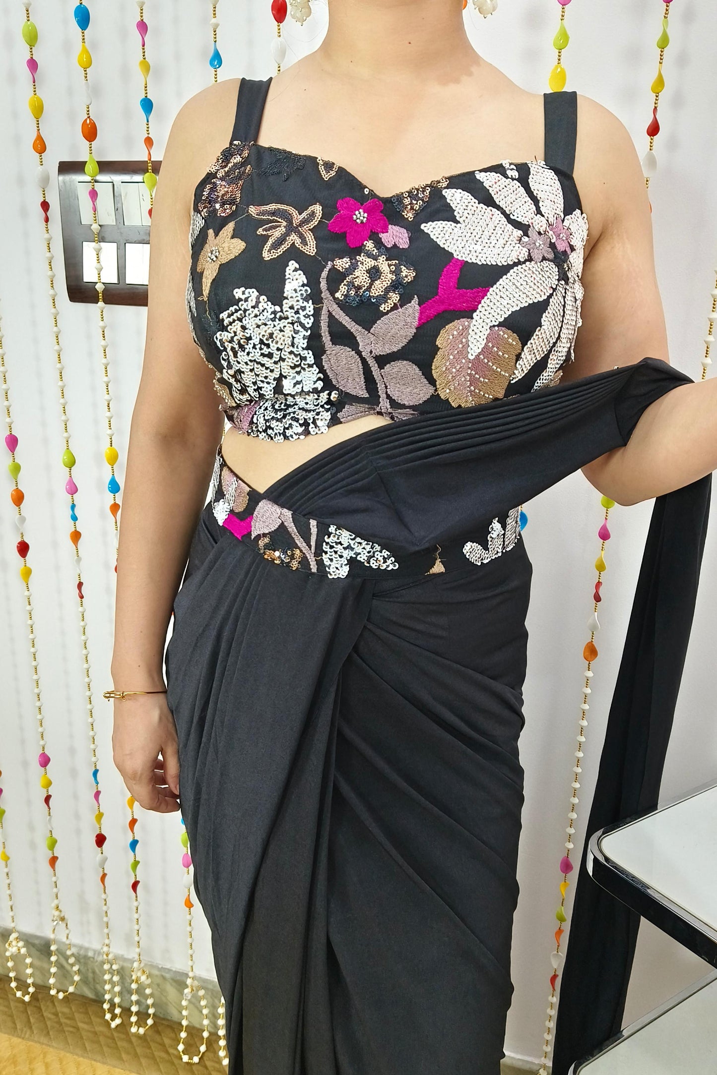 Multi Colour Blouse Ready to Wear Drape Saree In Black