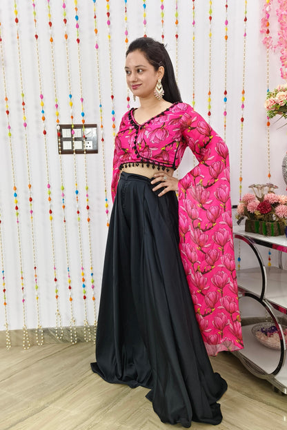 Crop Top Sharara Dress With Long Designer Sleeves With Pearl beads Detailing