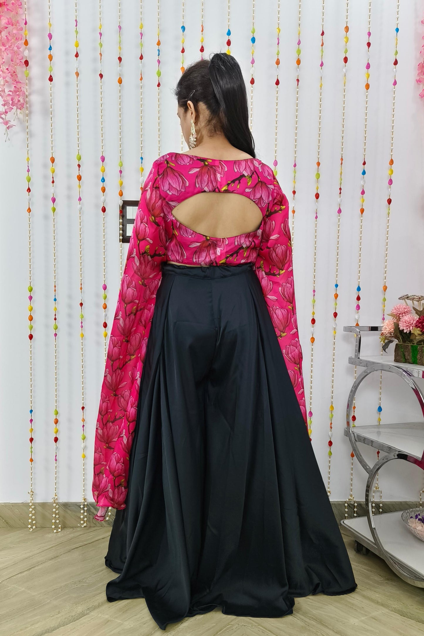 Crop Top Sharara Dress With Long Designer Sleeves With Pearl beads Detailing