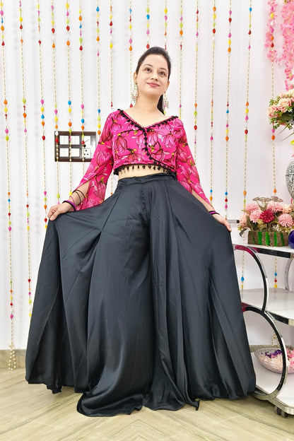 Crop Top Sharara Dress With Long Designer Sleeves With Pearl beads Detailing