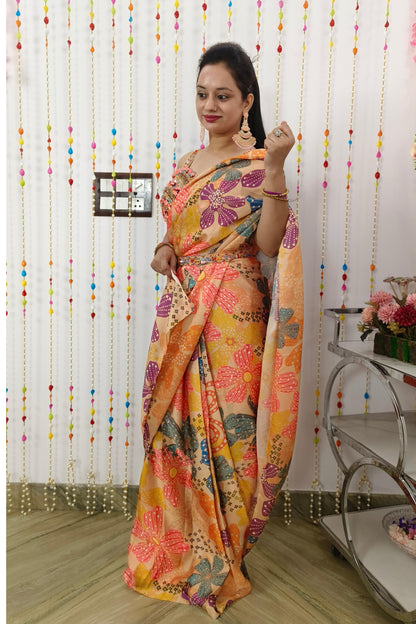 Spaghetti Style Designer Blouse Ready Made Printed  Saree In Satin Silk With Belt