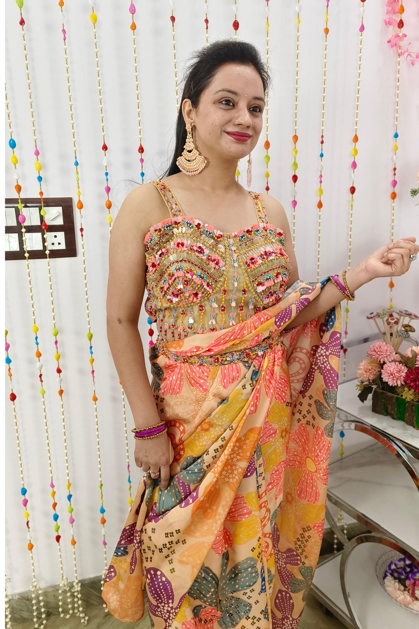 Spaghetti Style Designer Blouse Ready Made Printed  Saree In Satin Silk With Belt