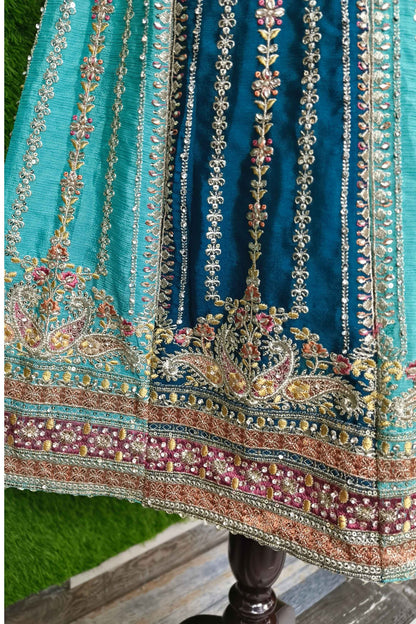 Long Pakistani Chinnon Handwork Anarkali Suit With Plazo with Embroidered Duppatta