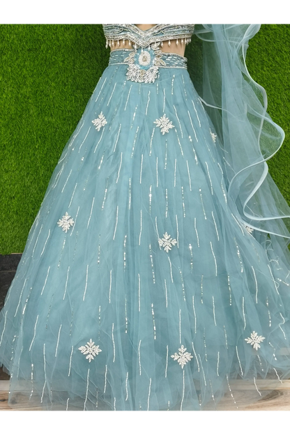 Heavy Designer Embroidered Choli With Barbie Style Heavy Flare Lehenga In Net With Ruffle Dupatta in Blue