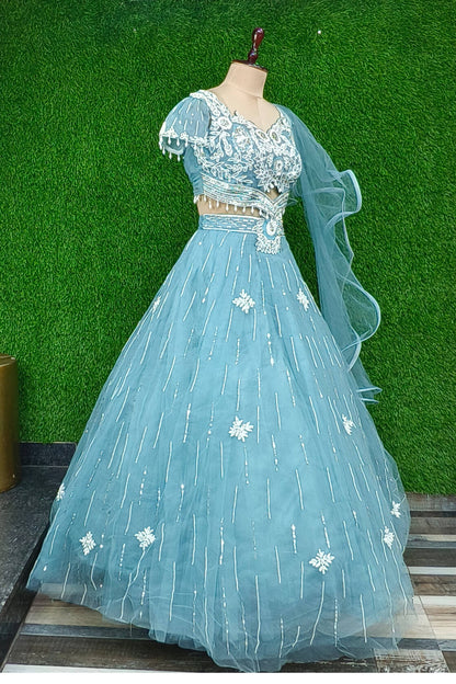 Heavy Designer Embroidered Choli With Barbie Style Heavy Flare Lehenga In Net With Ruffle Dupatta in Blue