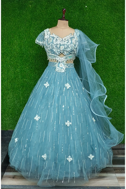 Heavy Designer Embroidered Choli With Barbie Style Heavy Flare Lehenga In Net With Ruffle Dupatta in Blue