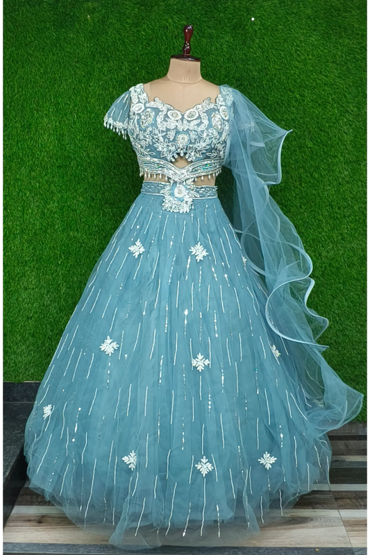 Heavy Designer Embroidered Choli With Barbie Style Heavy Flare Lehenga In Net With Ruffle Dupatta in Blue