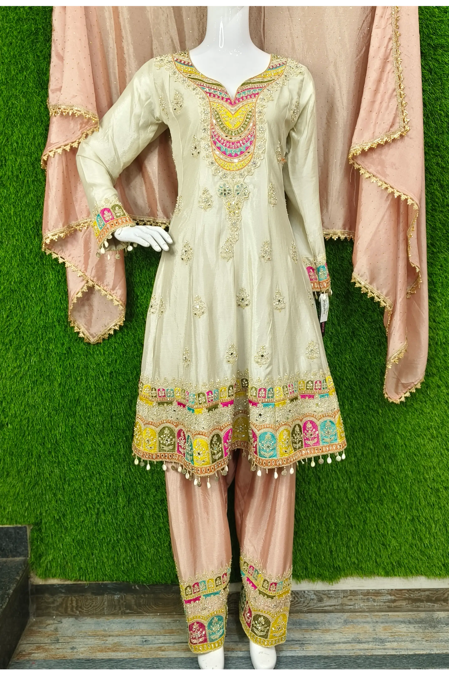 Long Anarkali Designer Suit With Salwar Bottom With Multi Embroidery Work In Beautiful Off White Colour