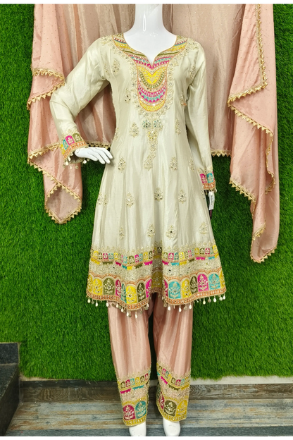 Long Anarkali Designer Suit With Salwar Bottom With Multi Embroidery Work In Beautiful Off White Colour