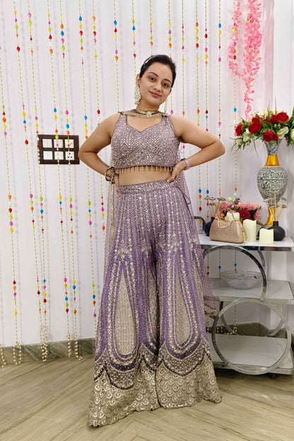 Full heavy  Georgette Embellished Ombre Die Partywear Crop Top Sharara With Cape Net Shrug ib Purple