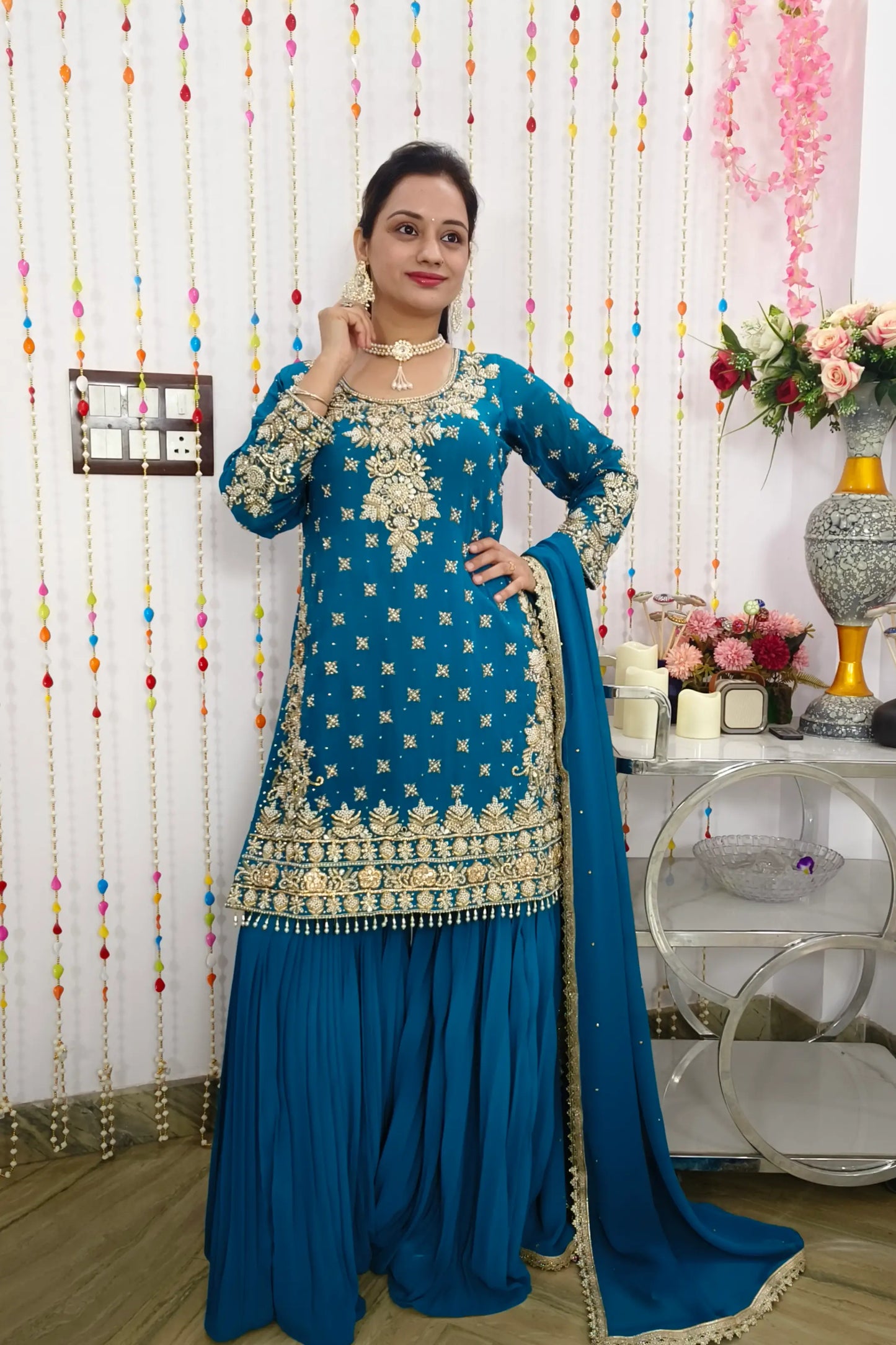 Heavy Hand Work Straight Georgette Sharara Suit With Duppatta In Firozi