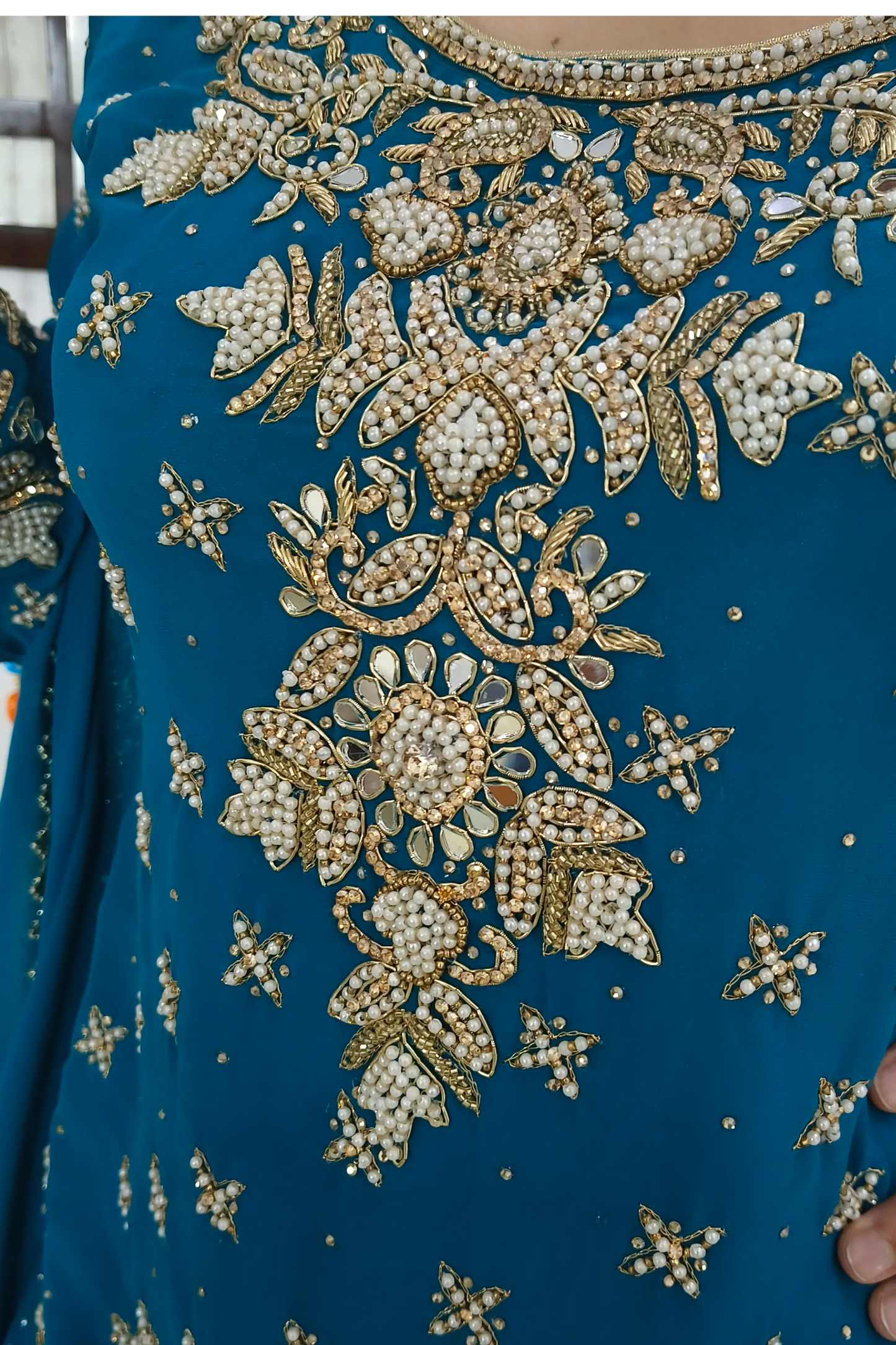 Heavy Hand Work Straight Georgette Sharara Suit With Duppatta In Firozi