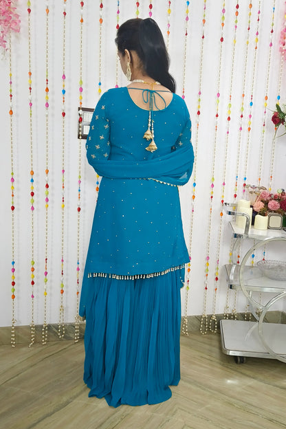 Heavy Hand Work Straight Georgette Sharara Suit With Duppatta In Firozi