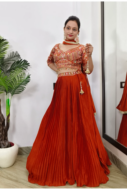 Multi Embroidered Choli Design With Pleated Chinnon Silk Lehenga Choli In Orange with Duppatta