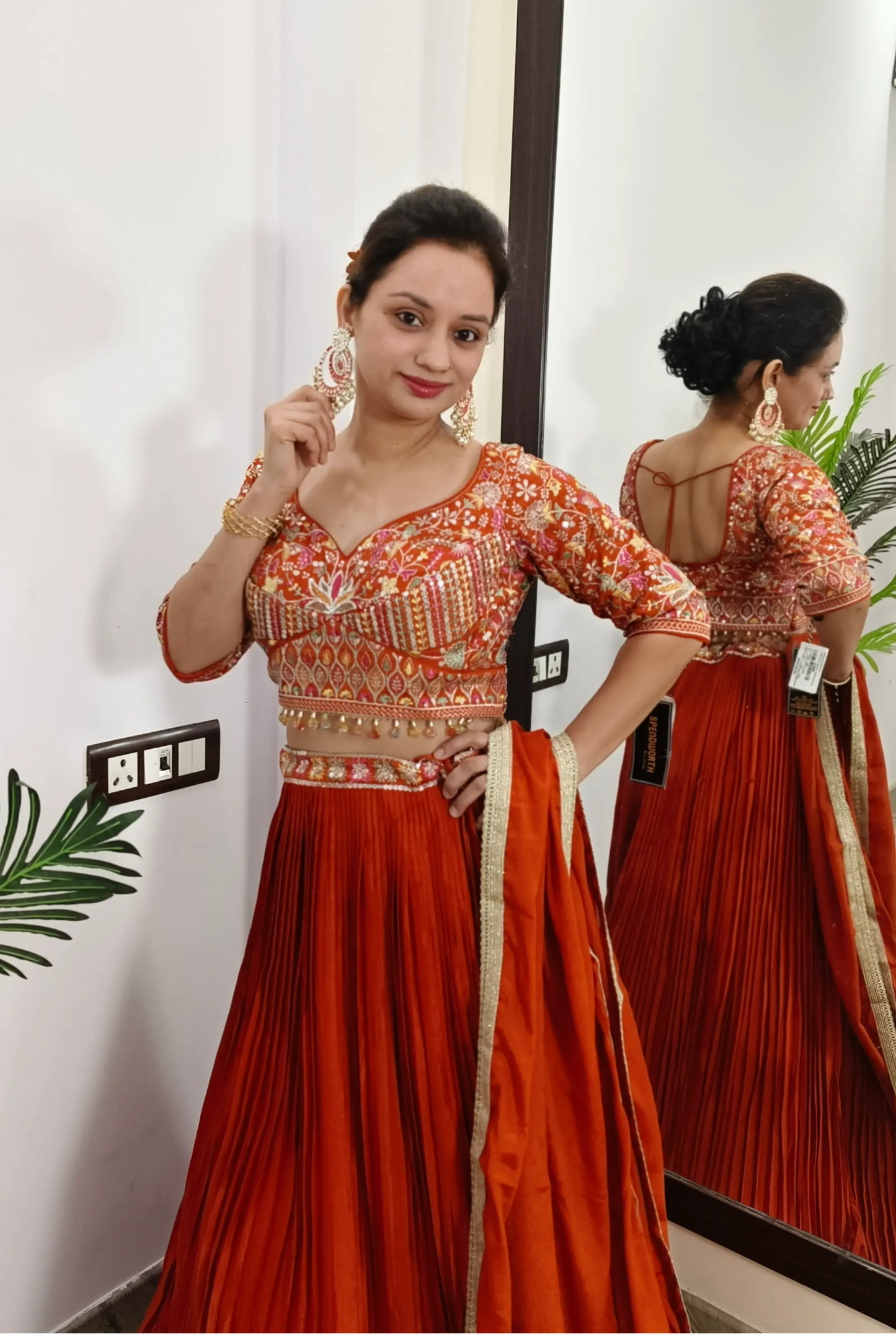 Multi Embroidered Choli Design With Pleated Chinnon Silk Lehenga Choli In Orange with Duppatta