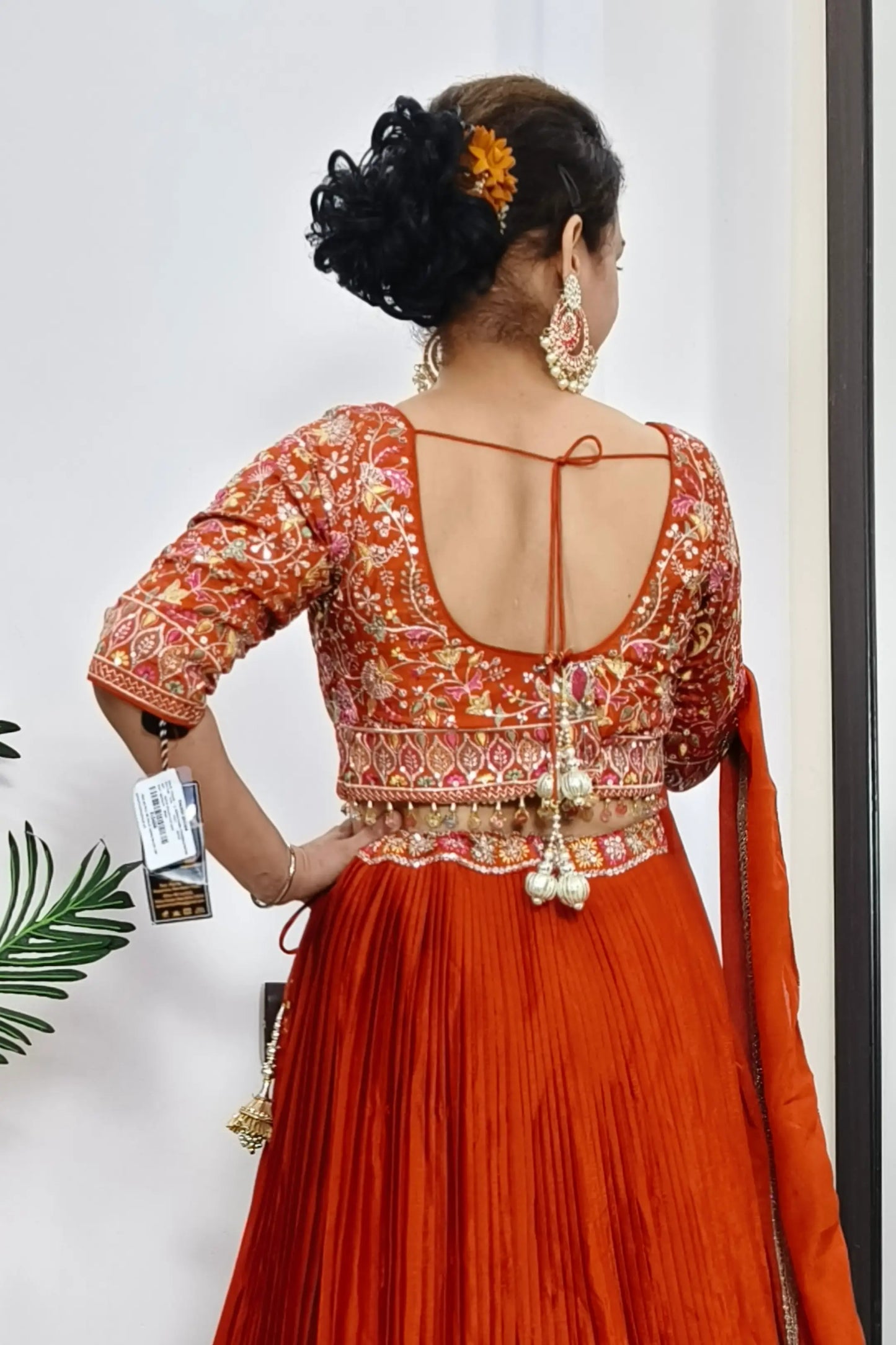 Multi Embroidered Choli Design With Pleated Chinnon Silk Lehenga Choli In Orange with Duppatta