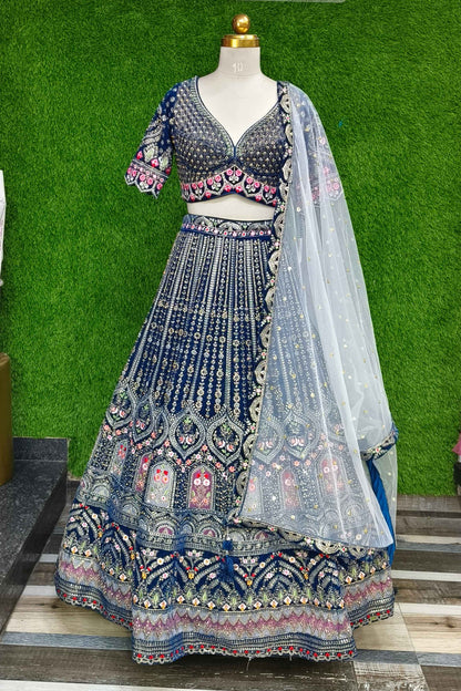 Hand Work Embroidered C cut Choli Heavy lehenga on Velvet  With Contrast Duppatta in Blue